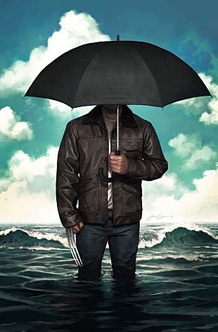 Wolverine, obscured by umbrella, in an image inspired by the surreal work of Rene Magritte.